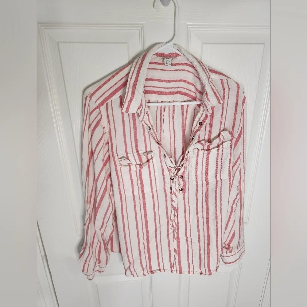 Cato Womens Lightweight Collared Tie Up Striped Casual Top